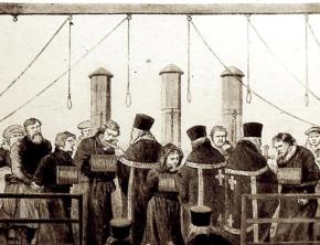 A depiction of the hanging of Narodnaya Volya members after the assassination of Tsar Alexander II