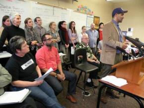 Teachers at Garfield High School speak to reporters about their refusal to administer high-stakes tests